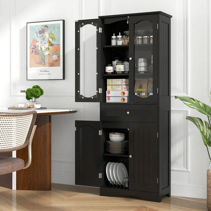 63 Inch Tall Storage Cabinet with Glass Doors, Adjustable Shelves, and Large Drawer