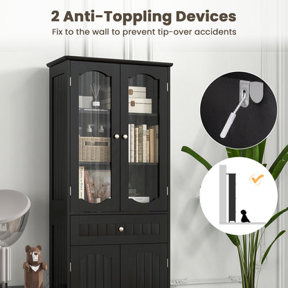 63 Inch Tall Storage Cabinet with Glass Doors, Adjustable Shelves, and Large Drawer
