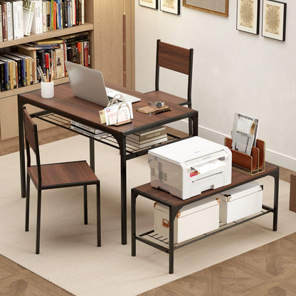 4-Piece Industrial Dining Set with Table Bench and Chairs Walnut Finish with Storage Shelves