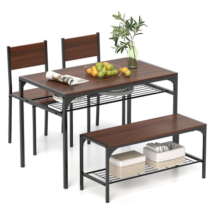 4-Piece Industrial Dining Set with Table Bench and Chairs Walnut Finish with Storage Shelves