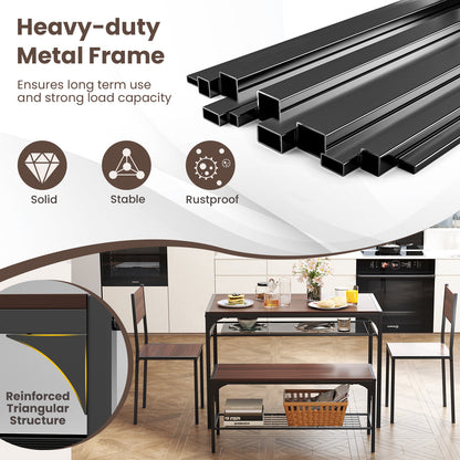 4-Piece Industrial Dining Set with Table Bench and Chairs Walnut Finish with Storage Shelves