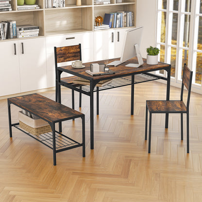 4-Piece Industrial Dining Set with Table Bench and Chairs Rustic Brown Finish with Storage Shelves