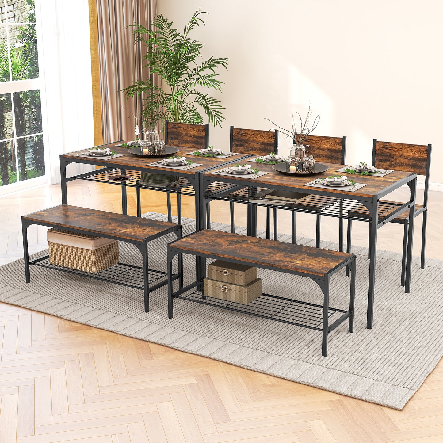 4-Piece Industrial Dining Set with Table Bench and Chairs Rustic Brown Finish with Storage Shelves