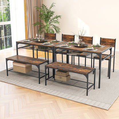 4-Piece Industrial Dining Set with Table Bench and Chairs Rustic Brown Finish with Storage Shelves