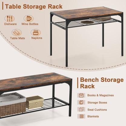 4-Piece Industrial Dining Set with Table Bench and Chairs Rustic Brown Finish with Storage Shelves