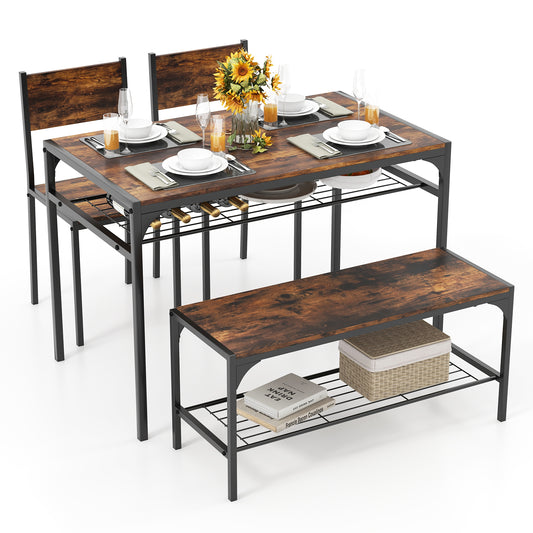 4-Piece Industrial Dining Set with Table Bench and Chairs Rustic Brown Finish with Storage Shelves