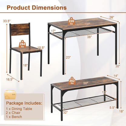 4-Piece Industrial Dining Set with Table Bench and Chairs Rustic Brown Finish with Storage Shelves