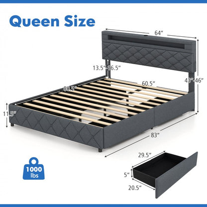 Modern Upholstered Bed Frame with LED Headboard Storage and Wood Slat Support - Full & Queen Size