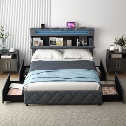 Modern Upholstered Bed Frame with LED Headboard Storage and Wood Slat Support - Full & Queen Size