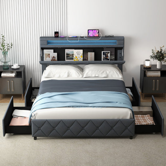 Modern Upholstered Bed Frame with LED Headboard Storage and Wood Slat Support - Full & Queen Size