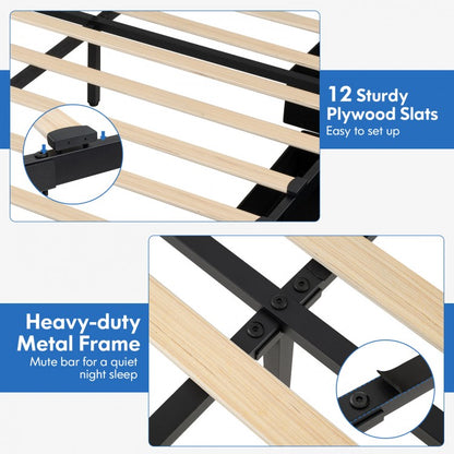 Modern Upholstered Bed Frame with LED Headboard Storage and Wood Slat Support - Full & Queen Size
