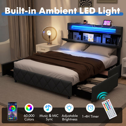 Modern Upholstered Bed Frame with LED Headboard Storage and Wood Slat Support - Full & Queen Size