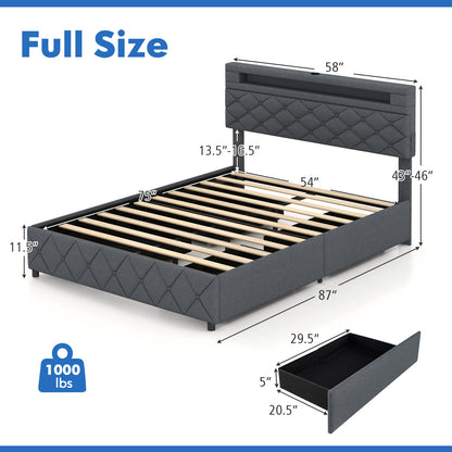 Modern Upholstered Bed Frame with LED Headboard Storage and Wood Slat Support - Full & Queen Size