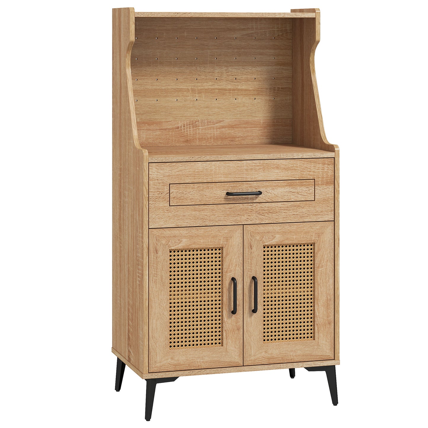 Rattan Coffee Bar Cabinet with Pegboard Drawer Open Shelf and Adjustable Storage