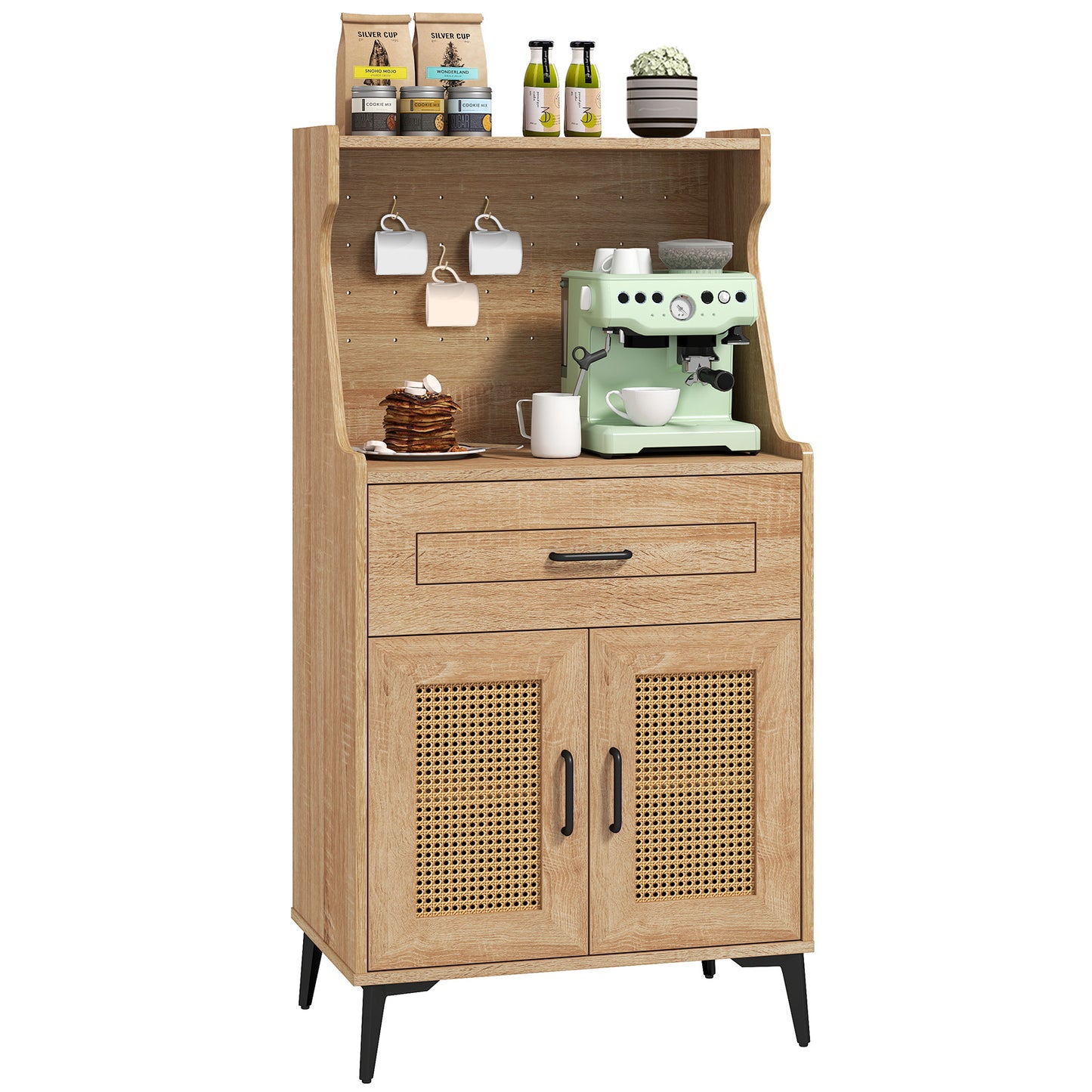 Rattan Coffee Bar Cabinet with Pegboard Drawer Open Shelf and Adjustable Storage