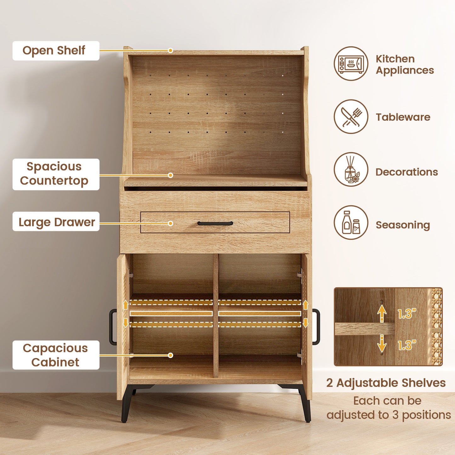 Rattan Coffee Bar Cabinet with Pegboard Drawer Open Shelf and Adjustable Storage