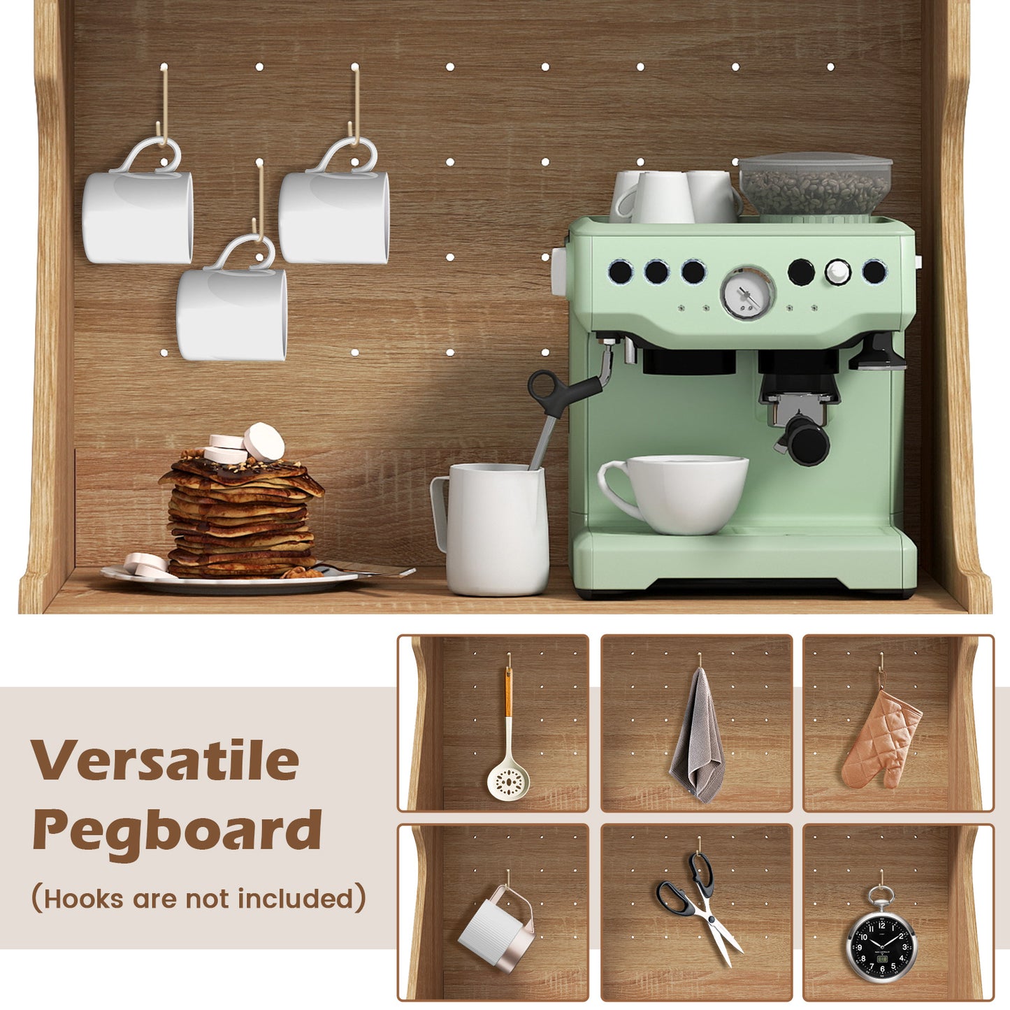 Rattan Coffee Bar Cabinet with Pegboard Drawer Open Shelf and Adjustable Storage