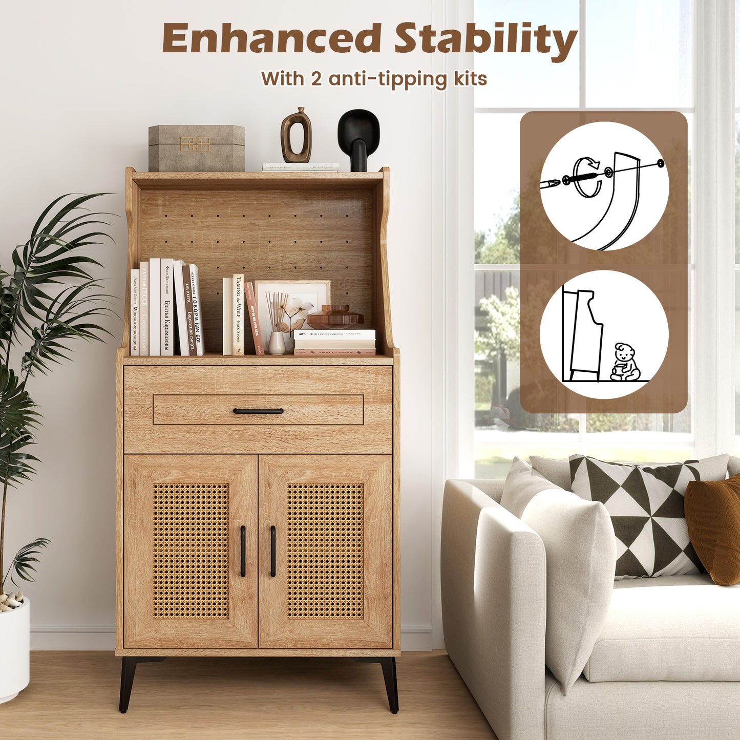 Rattan Coffee Bar Cabinet with Pegboard Drawer Open Shelf and Adjustable Storage