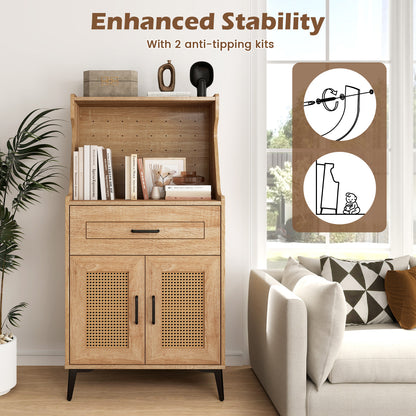 Rattan Coffee Bar Cabinet with Pegboard Drawer Open Shelf and Adjustable Storage