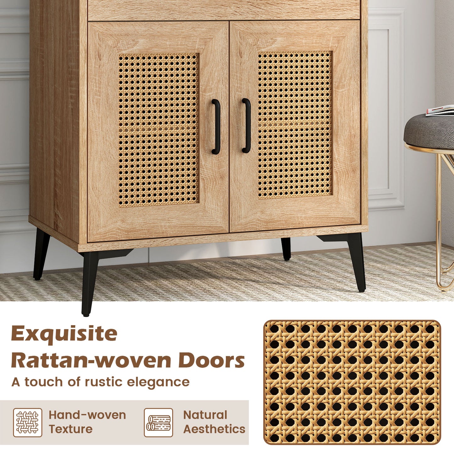 Rattan Coffee Bar Cabinet with Pegboard Drawer Open Shelf and Adjustable Storage