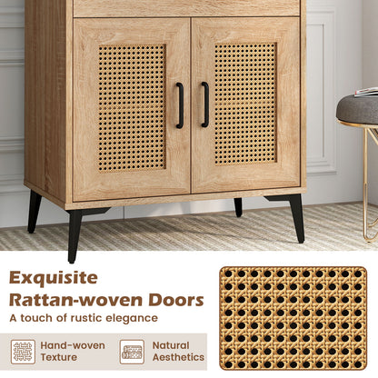 Rattan Coffee Bar Cabinet with Pegboard Drawer Open Shelf and Adjustable Storage