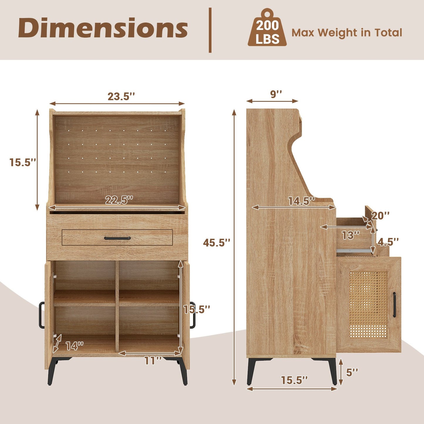 Rattan Coffee Bar Cabinet with Pegboard Drawer Open Shelf and Adjustable Storage