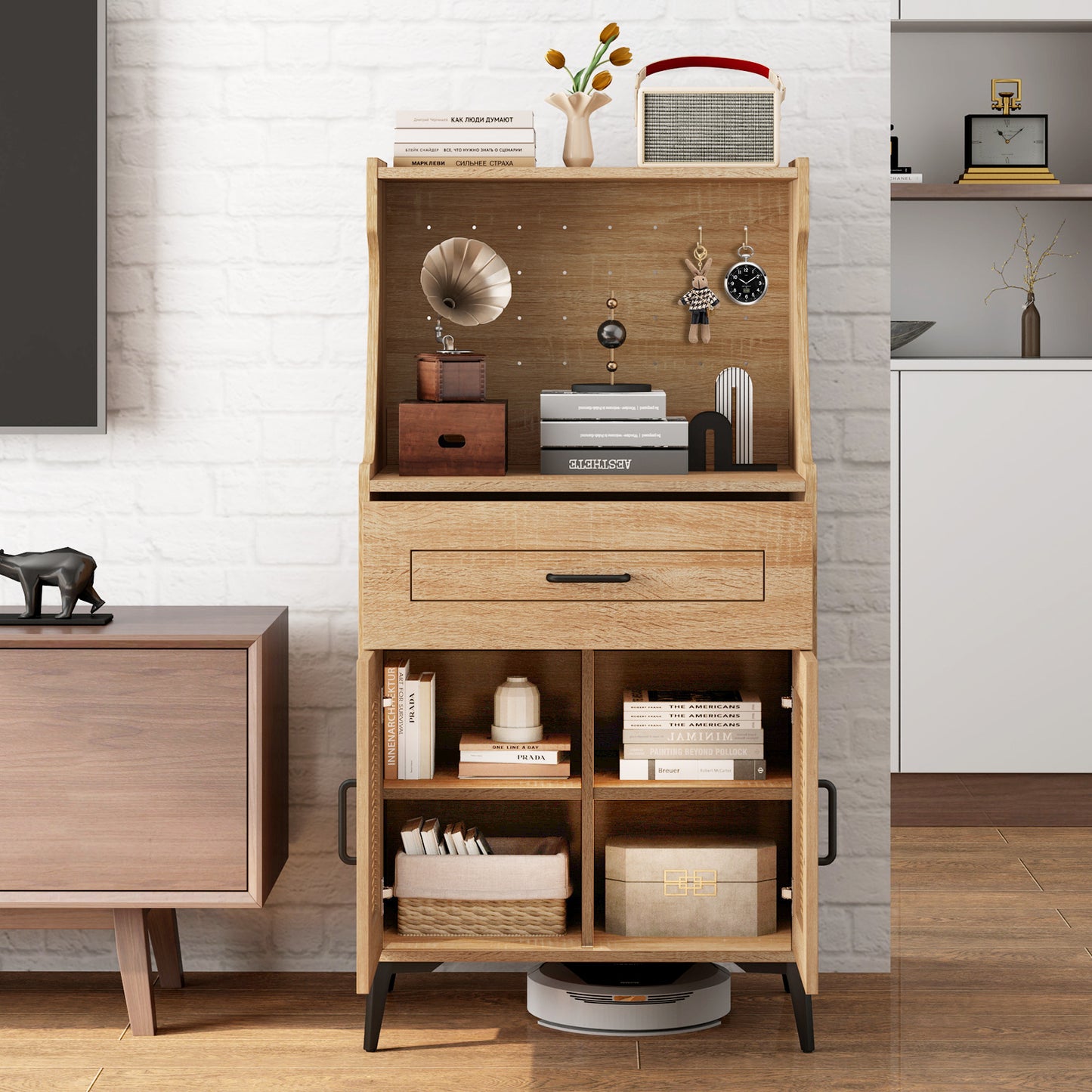 Rattan Coffee Bar Cabinet with Pegboard Drawer Open Shelf and Adjustable Storage