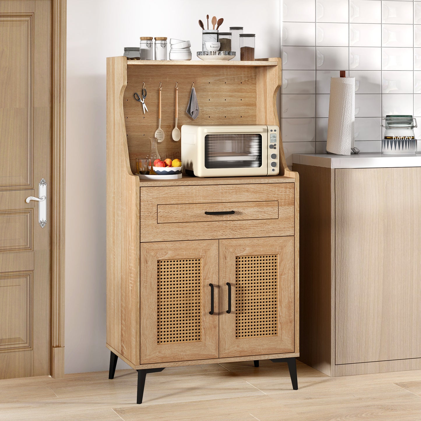 Rattan Coffee Bar Cabinet with Pegboard Drawer Open Shelf and Adjustable Storage
