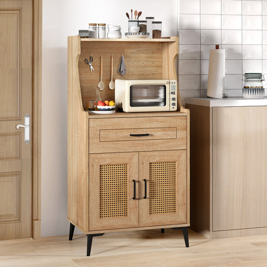 Rattan Coffee Bar Cabinet with Pegboard Drawer Open Shelf and Adjustable Storage