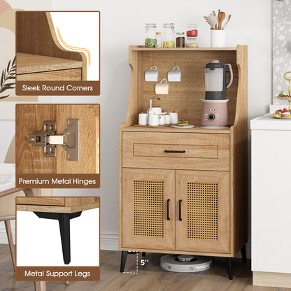 Rattan Coffee Bar Cabinet with Pegboard Drawer Open Shelf and Adjustable Storage
