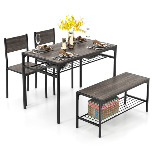4-Piece Industrial Dining Set with Table Bench and Chairs Grey Finish with Storage Shelves