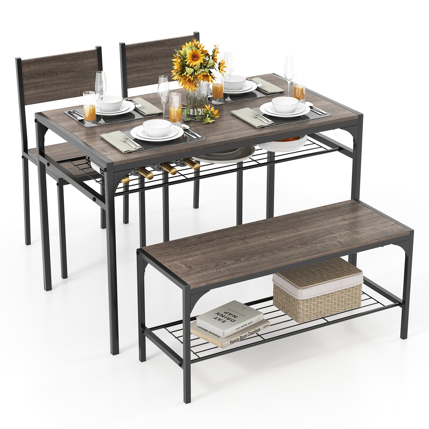 4-Piece Industrial Dining Set with Table Bench and Chairs Grey Finish with Storage Shelves