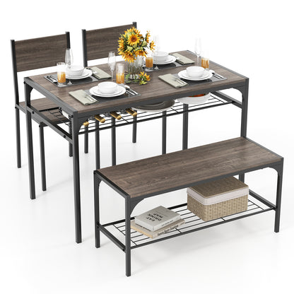 4-Piece Industrial Dining Set with Table Bench and Chairs Grey Finish with Storage Shelves