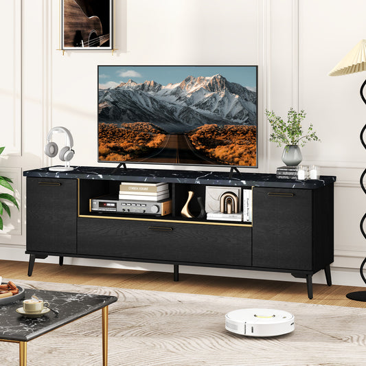 Elegant TV Stand with Faux Marble Top, Flip Down Cabinet and Storage for 55 to 75 Inch TVs