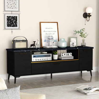 Elegant TV Stand with Faux Marble Top, Flip Down Cabinet and Storage for 55 to 75 Inch TVs