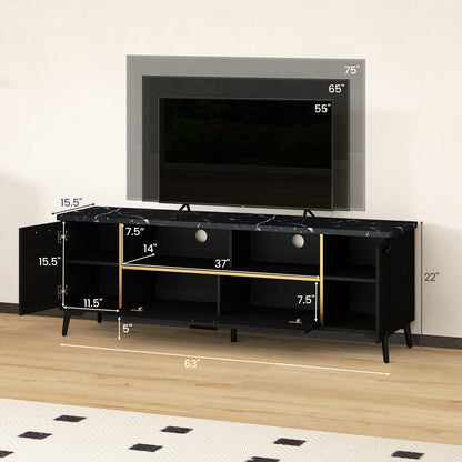 Elegant TV Stand with Faux Marble Top, Flip Down Cabinet and Storage for 55 to 75 Inch TVs