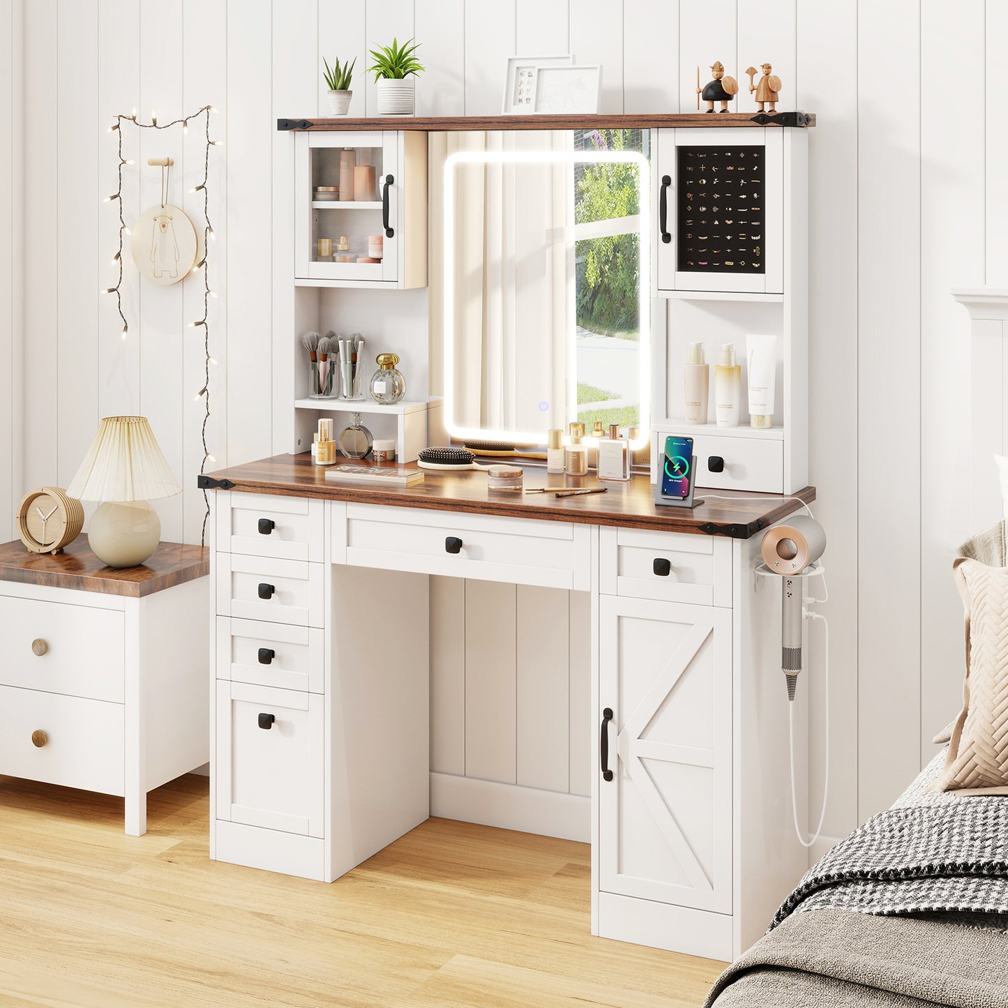 Farmhouse Vanity Table with LED Mirror, Storage Drawers and Cabinets