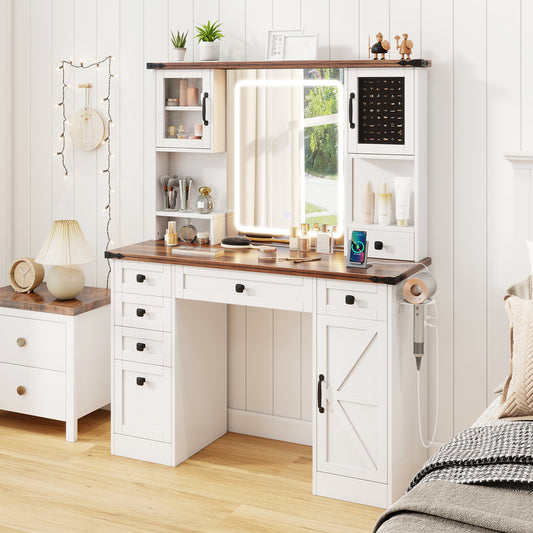 Farmhouse Vanity Table with LED Mirror, Storage Drawers and Cabinets