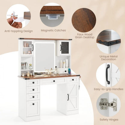 Farmhouse Vanity Table with LED Mirror, Storage Drawers and Cabinets