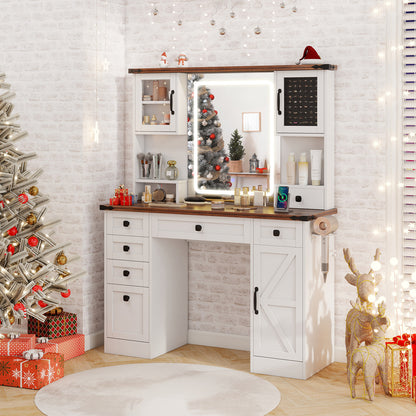 Farmhouse Vanity Table with LED Mirror, Storage Drawers and Cabinets