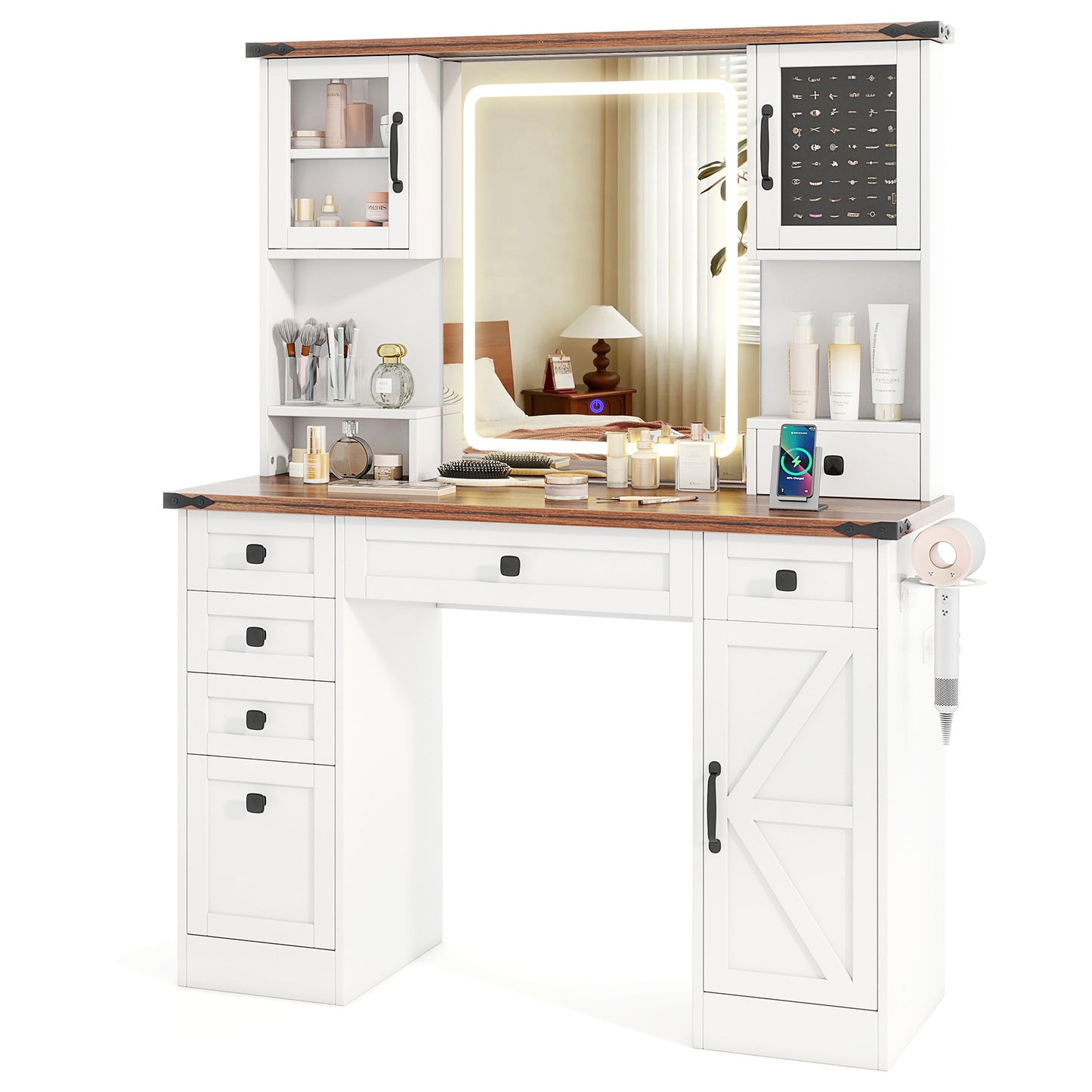 Farmhouse Vanity Table with LED Mirror, Storage Drawers and Cabinets
