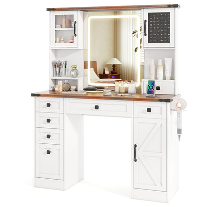 Farmhouse Vanity Table with LED Mirror, Storage Drawers and Cabinets