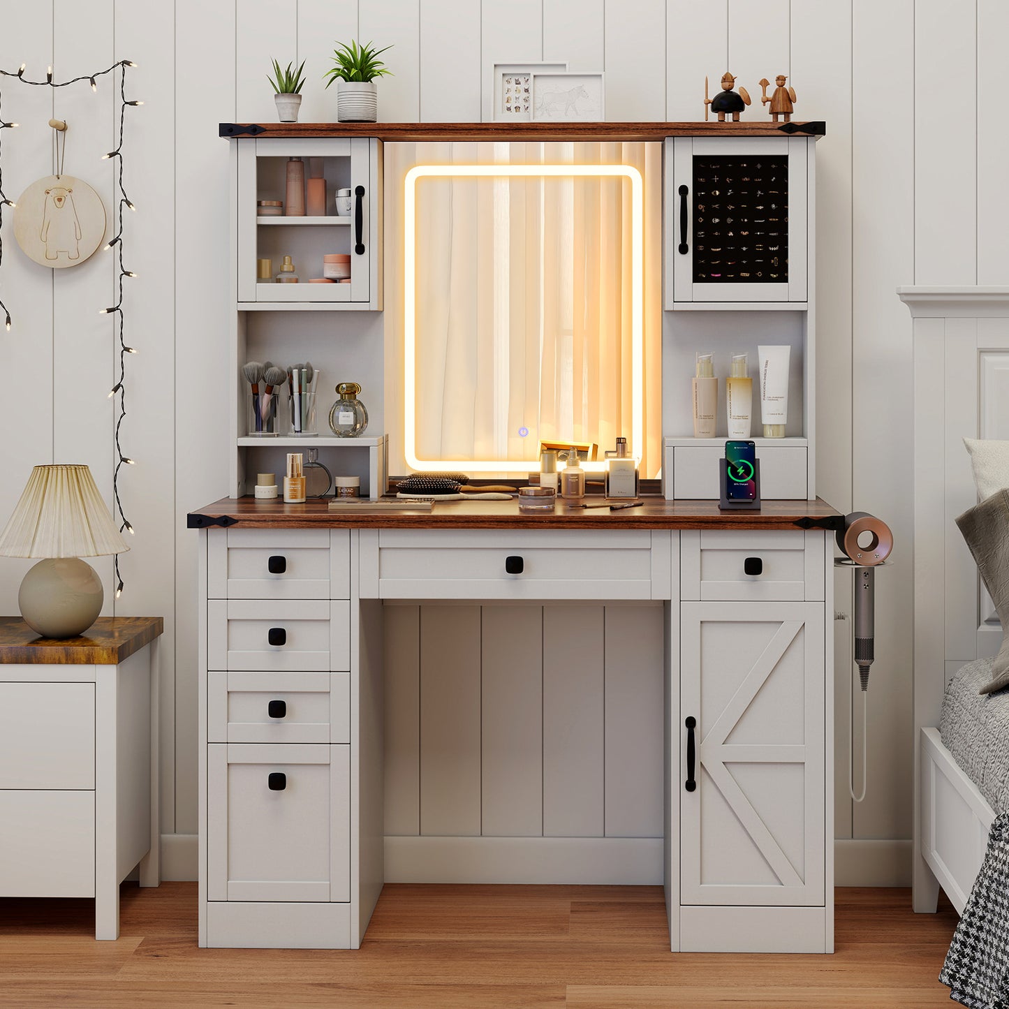 Farmhouse Vanity Table with LED Mirror, Storage Drawers and Cabinets
