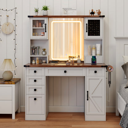 Farmhouse Vanity Table with LED Mirror, Storage Drawers and Cabinets