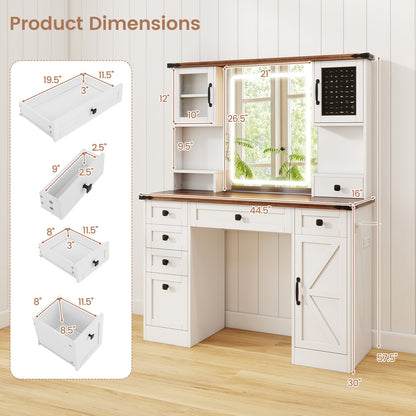 Farmhouse Vanity Table with LED Mirror, Storage Drawers and Cabinets