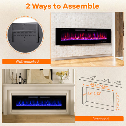 50/60/72 Inch Ultra-Thin Electric Fireplace with Decorative Crystals & Smart App Control
