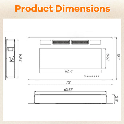 50/60/72 Inch Ultra-Thin Electric Fireplace with Decorative Crystals & Smart App Control