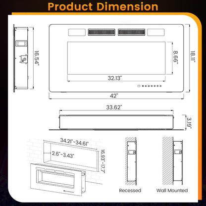 42 Inch Ultra Slim Electric Fireplace with Decorative Crystals & Smart APP Control