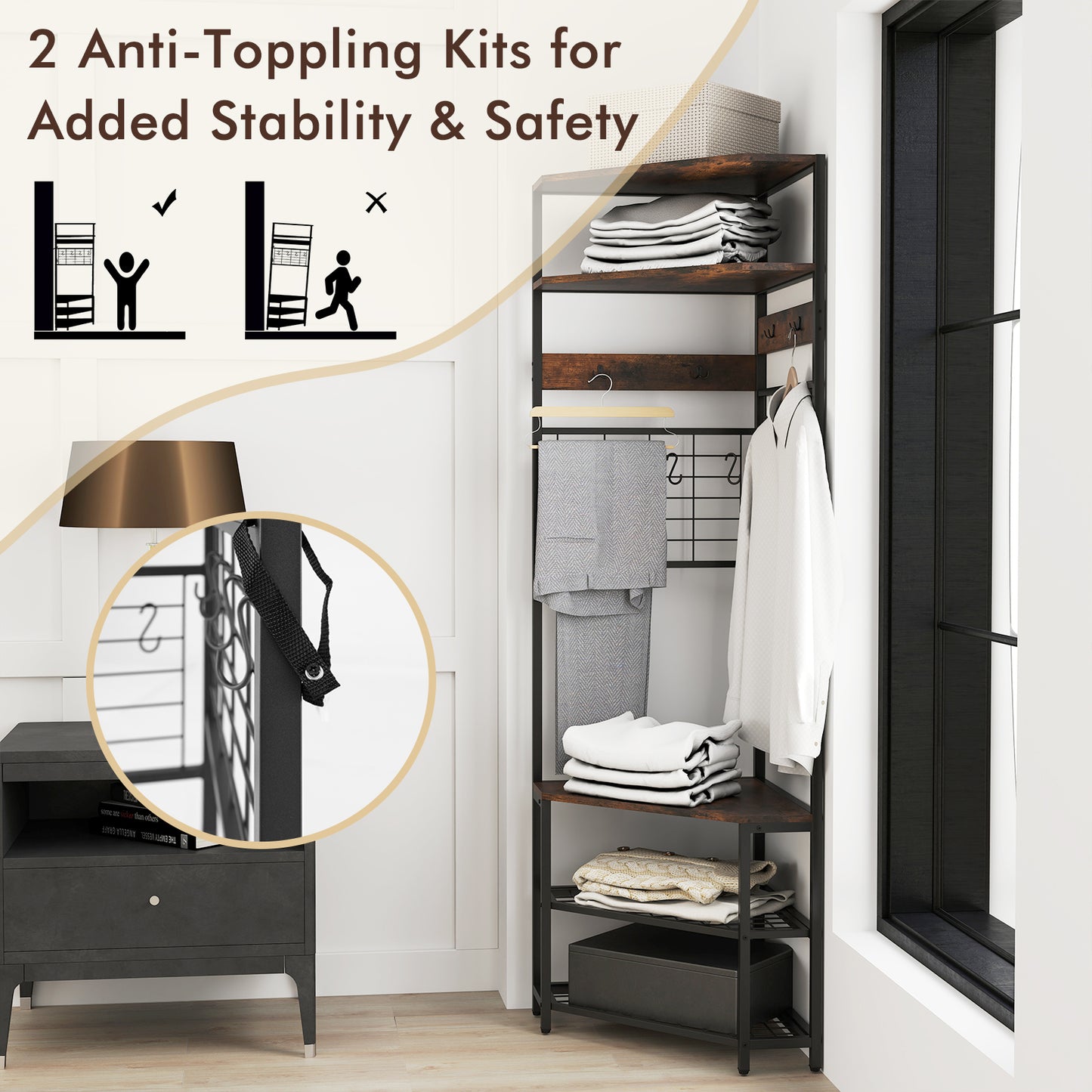 5-Tier Corner Hall Tree with Coat Rack, Storage Shelves, and Shoe Bench in Rustic Brown