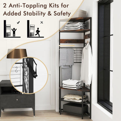 5-Tier Corner Hall Tree with Coat Rack, Storage Shelves, and Shoe Bench in Rustic Brown